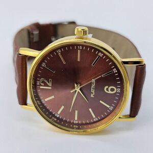Minimalist Women Watch 37MM Gold Case Brown Dial Faux Leather Bands New Battery
